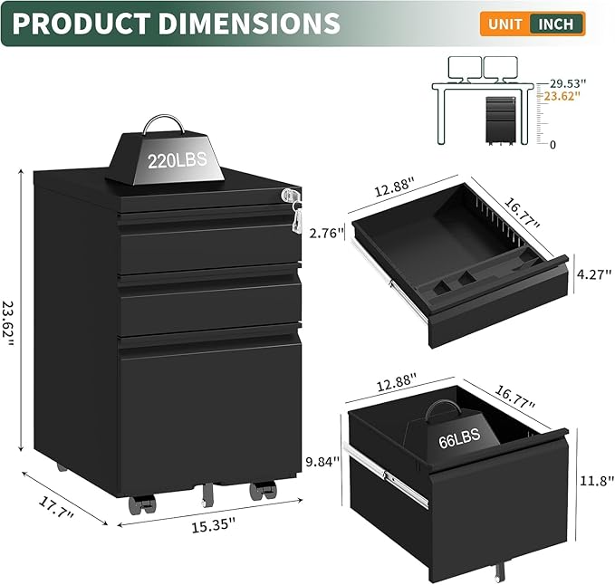 3 Drawer File Cabinet with Lock, Mobile Metal Filing Cabinet for Letter/Legal/A4 Size, Under Desk Rolling Office Storage Cabinet, Fully Assembled Except Casters, Black