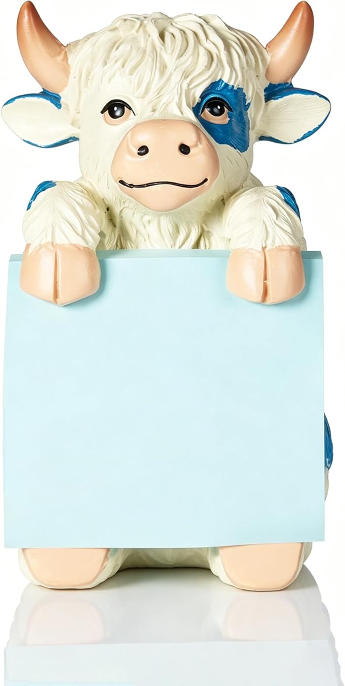 Highland Cow Pop-up Sticky Note Dispenser, Includes 1 Pad of 3x3 in Super Sticky Notes, 100 Sheets, Resin Cute Handmade Desk Holder for Office & Home-Blue