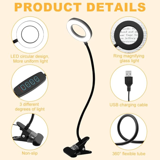 5X Magnifying Glass with Light, 3 Color Modes LED Desk Lamp, Clip on Lamp Lighted Magnifier, 360° Flexible Neck Magnifying Lamp for Workbench Craft Repair Sewing, USB Powered(Color:Black)