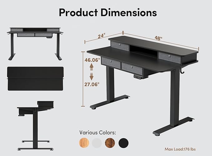 BANTI Height Adjustable Electric Standing Desk with 4 Drawers, 48 x 24 Inch Table with Storage Shelf, Sit Stand Desk, Black Top