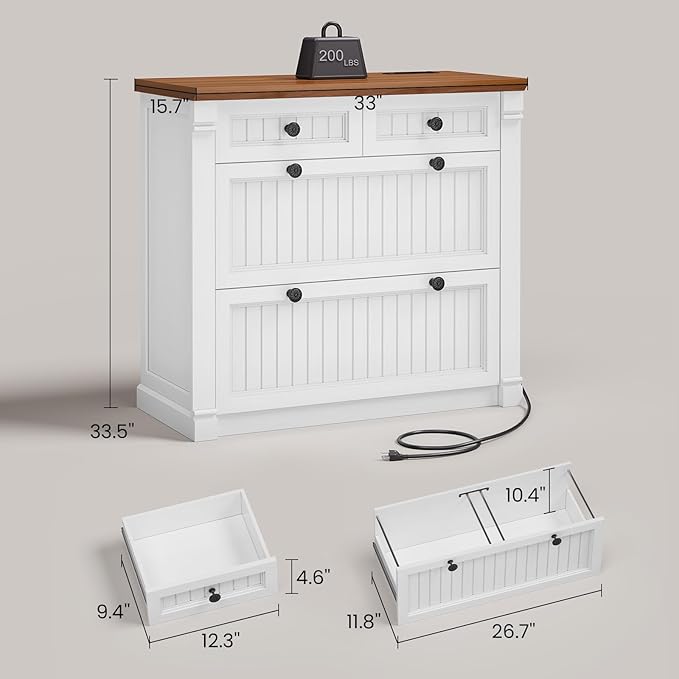 SEDETA 4 Drawers File Cabinet, 33" Farmhouse Filing Cabinets for Home Office fit Legal/Letter/A4 File, Wood Office File Cabinet with Power Outlets, Printer Stand with Storage, White+Brown