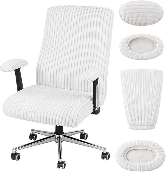 Tegeme Set of 4 Faux Fur Office Chair Covers Set with Armrest Covers, Computer Universal Stretchable Chair Seat Protector Washable Jacquard Computer Seat Slipcovers for Home Office(White)
