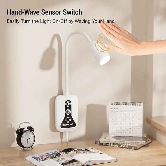 Wall Mounted Reading Light for Bed, Headboard Light with 360° Flexible Arm, Hand Wave Sensor, Focused 60° Beam, 5 Color Temperatures, Stepless Dimming, Memory Function, USB-C Output, White 2 Pack