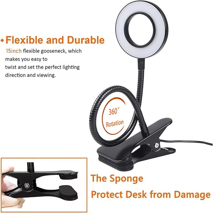 Brokimis Clip on Light LED Reading Book Study Lamp 3 Color Modes 10 Brightness Eye Protection 360° Flexible Gooseneck Student Dormitory Office Desk Lamp at Night in Bed