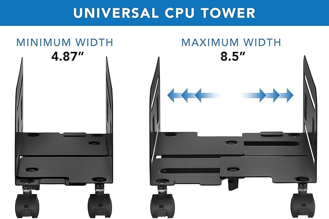 Mount-It! Computer Tower Stand, Adjustable Mobile CPU Stand with Wheels, Heavy-Duty Steel Rolling Cart, Fits Most PC Towers, 4.87 to 8.5 Inch Width, Under Desk, Black