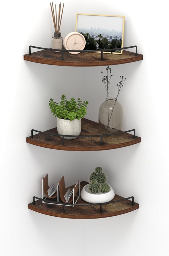 HORLIMER Floating Corner Shelf Wall Mount, Set of 3 Rustic Wood Corner Wall Shelves with Fence for Bedroom, Living Room, Bathroom, Kitchen, Brown