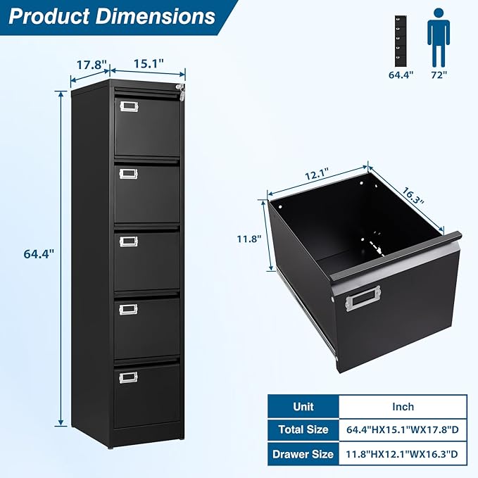 PEUKC 5-Drawer File Cabinet, 16.3" Deep Vertical Metal Filing Cabinet with Lock for Home Office, Anti-Tip 5 Storage Drawers for Letter/Legal/A4/F4 Size (Assemble Required, Black)
