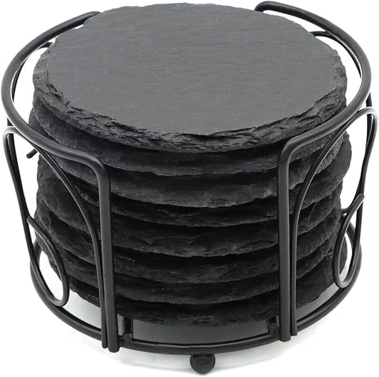 8 PCS Round Slate Drink Coasters Set, SIJDIEE 4 Inch Laser Engraving Black Slate Stone Coasters with Anti-Scratch Bottom and Coaster Holder for Office Bar Kitchen Home Dinner Table Decor Supplies