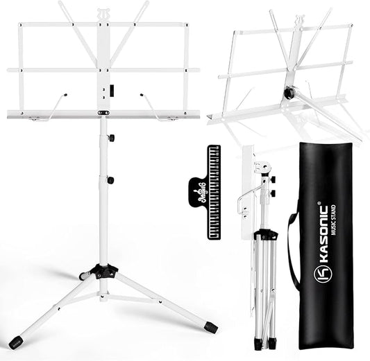 K KASONIC - Music Stand, 2 in 1 Dual-Use Folding Sheet Music & Desktop Book Stand, Portable, Lightweight with Music Sheet Clip Holder & Carrying Bag Suitable for Instrumental Performance, White