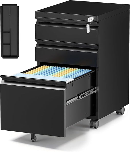 3 Drawer Mobile File Cabinet with Lock,Under Desk Rolling File Cabinet for Home Office Fits Legal/Letter/A4 File (Unassembled,Black)