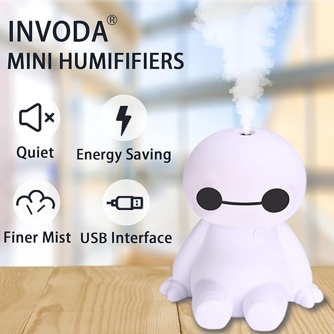 INVODA Small Humidifier Cool Mist Portable Desk USB Personal Mini Humidifiers for Bedroom Office Car Plants, White+6 cotton Sticks