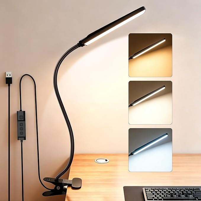 Clip On Desk Lamp, 5 W Rechargeable Reading Light, 400LM Book Light, 6 Level Brightness 3 Color Modes, Adjustable Neck Lamp for Desk, Bedside, Study