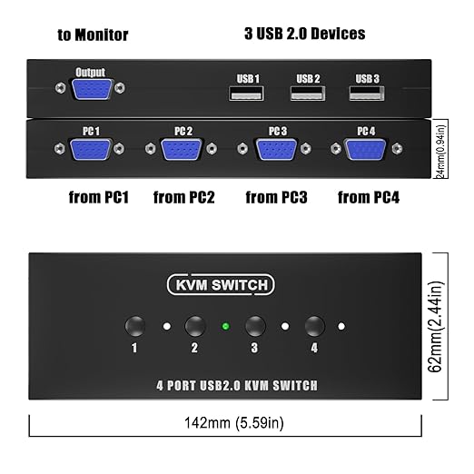 KVM Switch VGA 4 Port - KVM Switcher for 4 Computers Share 1 Monitor & 3 USB 2.0 Devices,Keyboard Mouse Printer,Driver-Free for All OS,4 KVM Cables 1 Desktop Controller Included