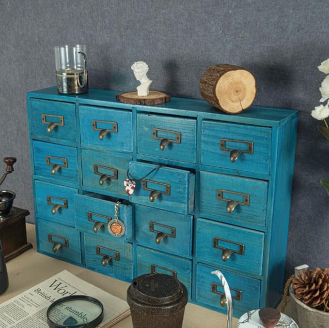 16 Drawers Apothecary Cabinet with Drawers Tabletop Apothecary Chests and Cabinets Library Card Catalog Cabinet Herb Storage Box Wooden Desk Drawer Organizer Medicine Vintage Furniture (BLUE)