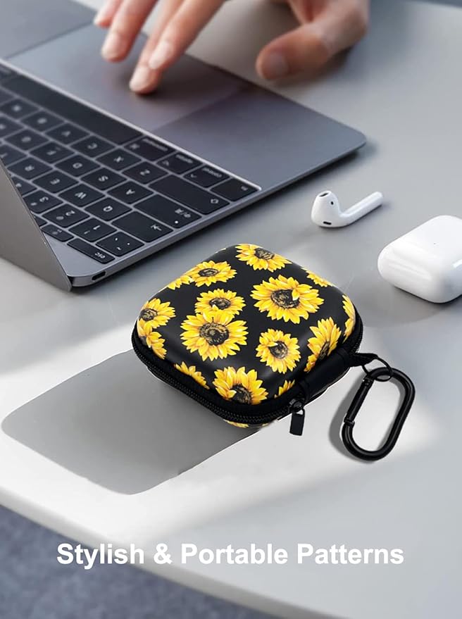 Earbud Case Headphone Organizer Ear Bud Case Portable EVA Carrying Box Storage Bag with Carabiner for AirPods Beats Bose Galaxy Buds 4/3/FE Data Cable Storage (Sunflower)