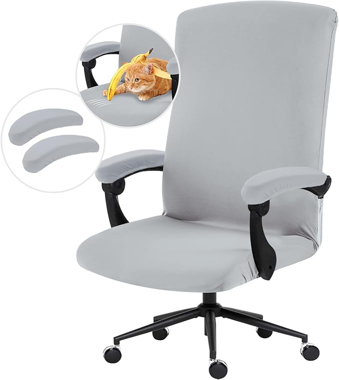 DIVA EN CAMINO DEC Stretch Computer Office Chair Cover with Armrest Covers Durable Zipper Universal Spandex Rotating Boss Chair Slipcovers Anti-dust Soft Desk Chair Seat Protector, Light Gray