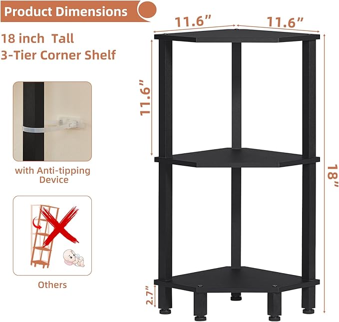 YUFAM 3-Tier Corner Shelf with Sturdy 5-Leg Base, 28in Tall Narrow Bookcase for Small Spaces, Wooden Plant Display Shelf, Thin Bookshelf for Living Room, Bedroom, Office, Black