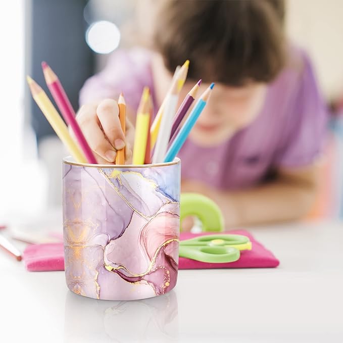 WAVEYU Pink Pen Holder for Desk, Premium Ceramic Pencil Holder Pen Cup Marker Holder Makeup Brush Holders, Desk Accessories & Workspace Organizers for Home, Office,Colorful Marble