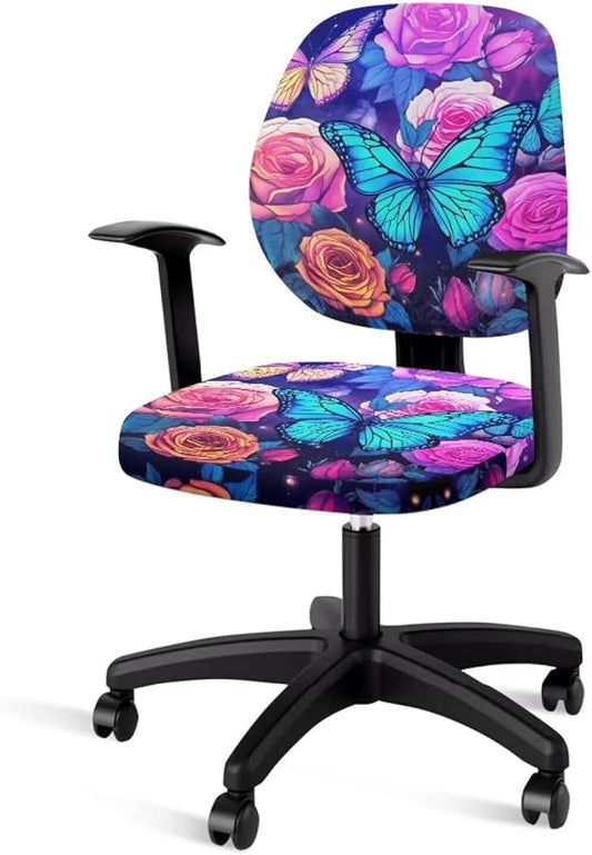Butterfly Flower Office Chair Covers 2 Piece Stretchable Office Chair Seat Cover Soft Fit Universal Desk Rotating Chair,Computer Chair Washable Chair Cover Decorative for Women Men