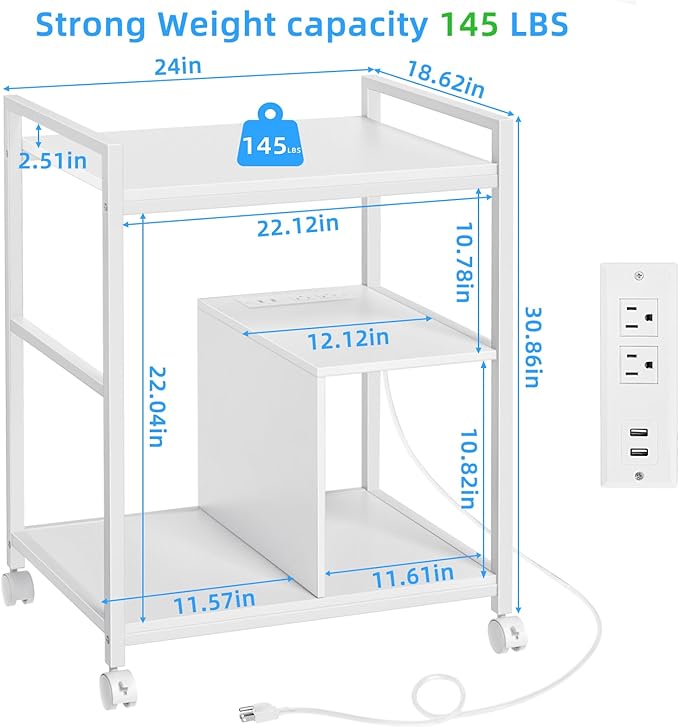 Lerliuo Printer Stand with Charging Station and USB Ports, Large 3-Tier Mobile Printer Table with Storage Shelf, White Rolling Industrial Printer Cart with Lockable Wheels for Home Office