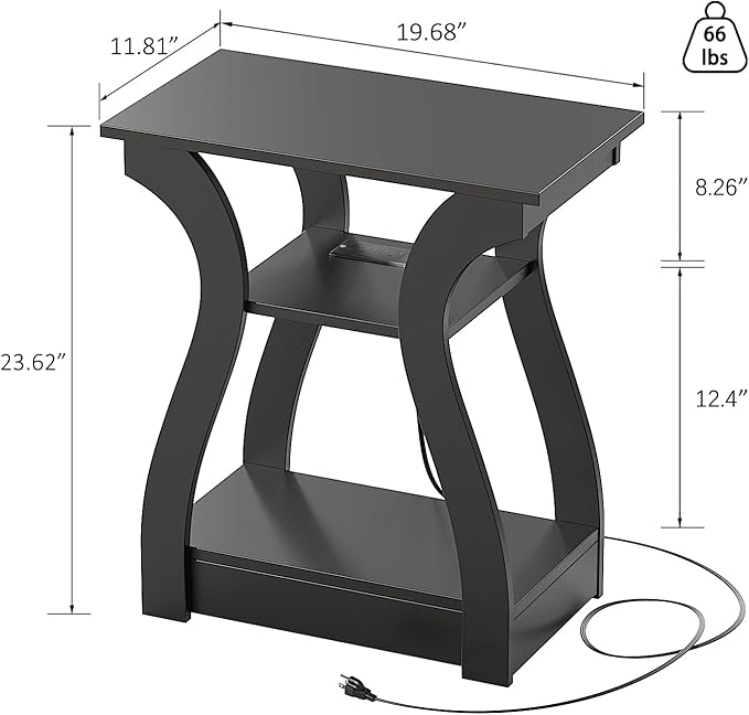 FROMJBEST End Table with Charging Station, Side Table with USB Ports and Outlets, Nightstand, 3 Tier End Table with Storage Shelf for Living Room, Bedroom (Black)
