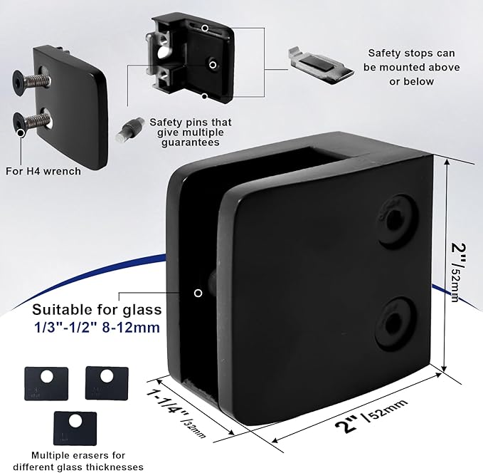 Glass Clamp - 40PCS ,for 1/3 "-1/2" Tempered Glass, Stainless Steel 304 Flat Back Square Casting- Black for Indoor/Outdoor Balustrade, Stair Handrail (LIUCHONGYANG99)