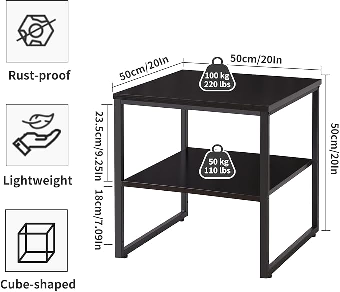 Aibiju Small Table Stand with Adjustable Storage Shelf 20 inch, Square Coffee Tea Table, Dorm Fridge Stand, Large Printer Stand Table for Office Black YD-TM153B