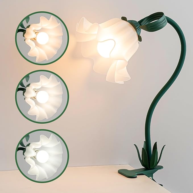 WERFOP Green Clip on Light, 3 Color Modes Eye-Caring Flower Desk Lamp with Clamp, Dorm Room Essentials, Flexible Neck Reading Clamp Lamps for College Bedside Bookshelf Studying Room (Dark Green)