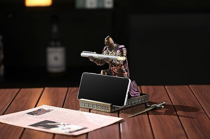 Medieval Armored Warrior Wearing Outerwear, Mobile Phone Stand Knight Pen Holder Desk Organizers, Resin Bookends Paperweight with a Letter Opener for Desk (Brown&Purple)