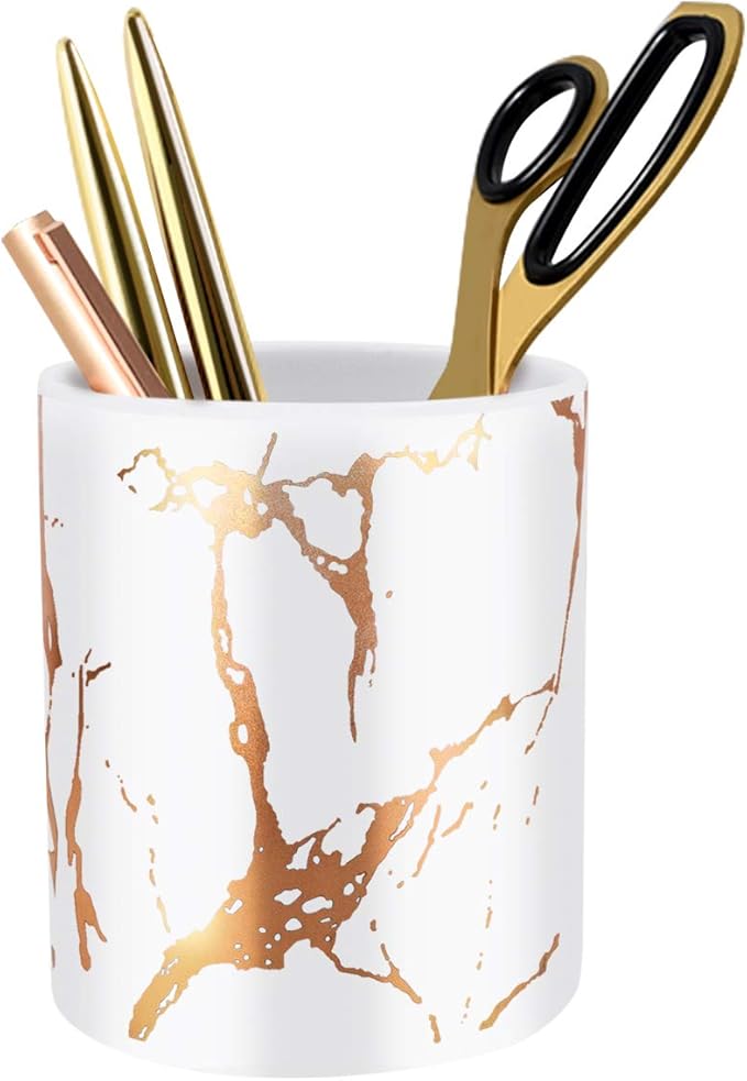 WAVEYU Gold Pencil Holder, Decorative Pens Holder for Desk, Makeup Brushes Organizer for Table, Cute Ceramic Desktop Accessories Pencils Crayons Cup Sturdy, Fashion Room Office Supplies,White02