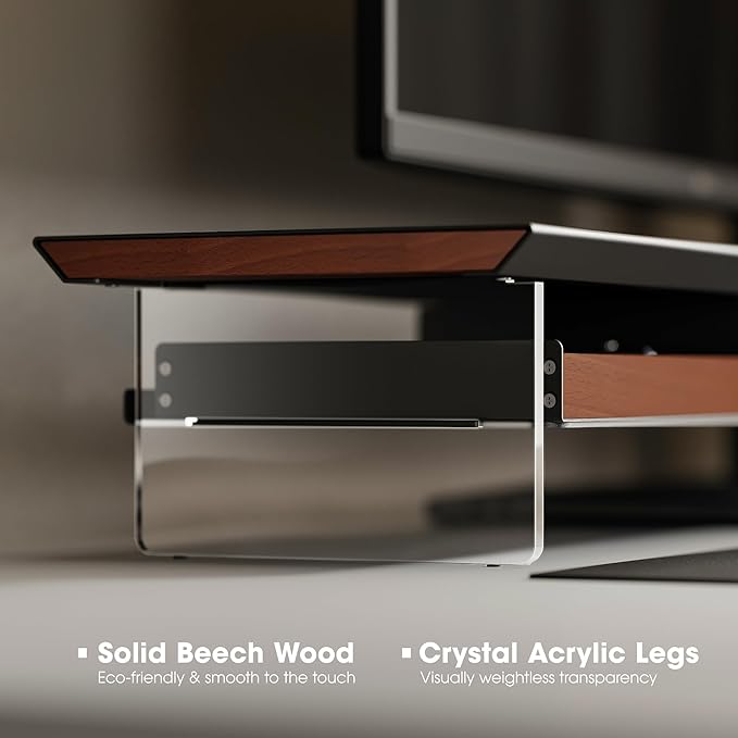Fenge 42.5” Dual Monitor Stand with 2 Drawers, Metal Wood Monitor Riser with Acrylic Legs, 2-Tier Desktop Shelf Storage Organizer for Computer, Laptop, Printer, TV, Black