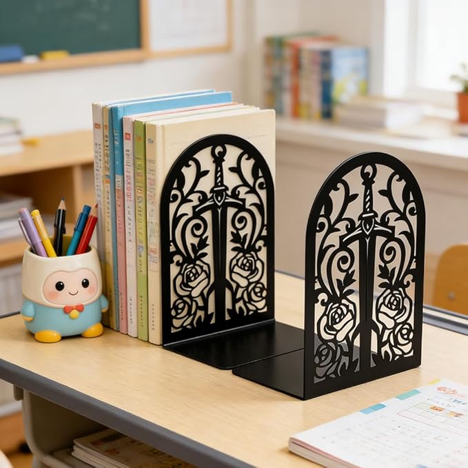 Book Ends, Bookends, Book Ends for Shelves, 2Pair Non Skid Metal Book Divider Decorative Holder, Abstract Art Desgin Book Stopper Supports for Office, Home (3 Pairs Gothic Bookends)