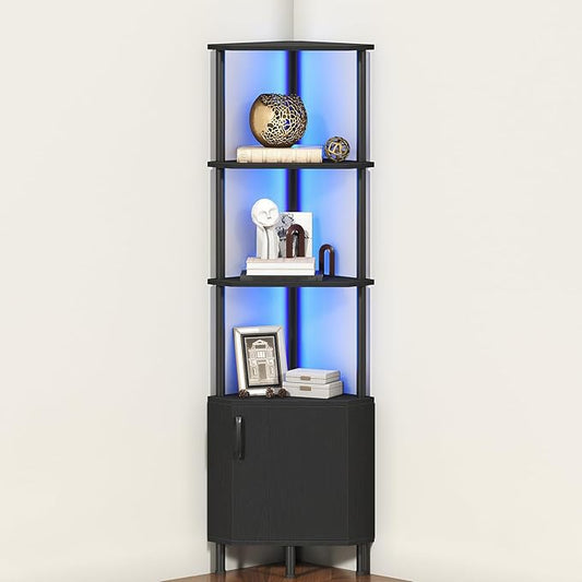 HOOBRO Corner Cabinet with LED Light, Corner Shelf Stand with Storage and Doors, 5-Tier Industrial Corner Bookshelf, 59” Tall Display Rack Shelf, for Living Room, Kitchen, Black BB147DCJ01