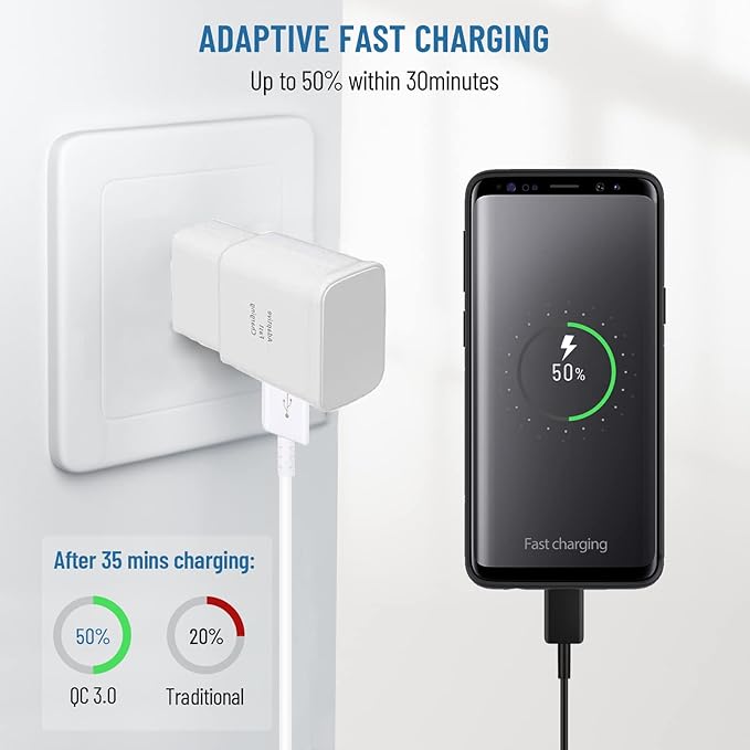 Fast Charger with USB Type C Cable 10ft for Samsung Galaxy S26/S25/S10/S10e/S10 Plus/S9/S9 Plus/S8/S8 Plus/A13/S23/A30/A31/A32/A50/A51/A52/A53/Note 20/Note 10/Note 9/Note 8/S20/S20+/S21/S21+/S22 Ultra