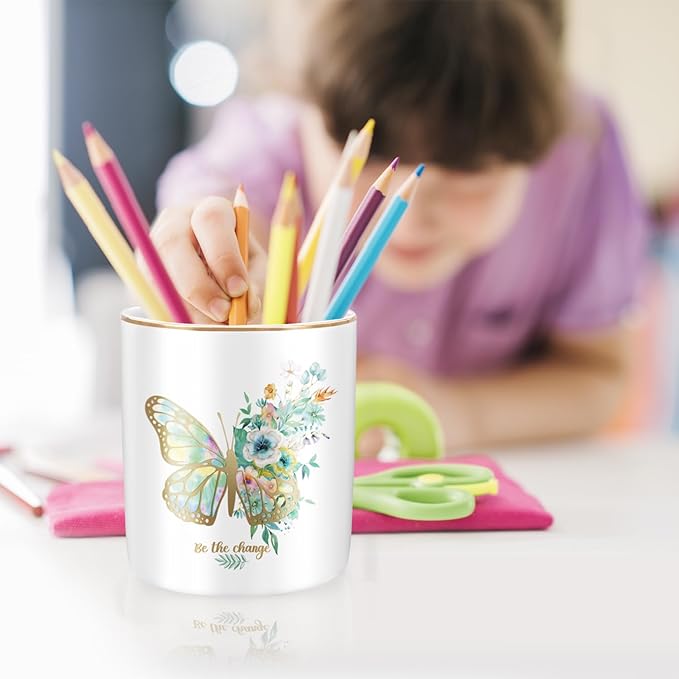 WAVEYU Cute Pen Holder for Desk, Ceramic Durable Pencil Cup, Simple&Modern Style Makeup Organizer, Multifunctional Office Supplies for Home, Kids and School, Butterfly Pattern