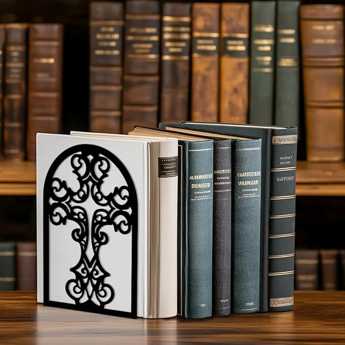 Peacoblue Metal Bookends for Shelves, Modern Decorative Heavy Duty Study Book Support Stoppers for Office, Desk, Shelf, Room 5.3"x4.3"x6.7" Cast Iron Simple Tall Bookends, 1 Pair (Cross)