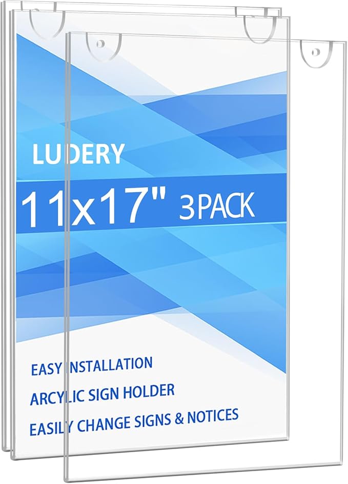 Acrylic Sign Holder 11x17 Vertical, Wall Mount Document Holder, Clear Plastic Picture Frame with Tape Adhesive and Screws for Office, Home, Store, Restaurant - 3Pack