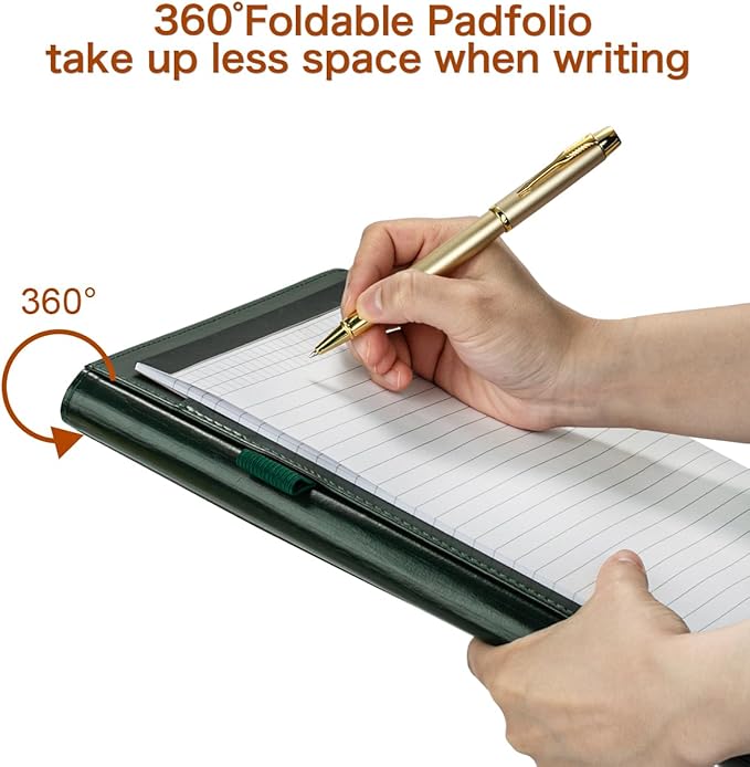 Padfolio Portfolio Binder, Faux Leather Folder, Resume Interview Legal Document Organizer, Letter Sized Writing Pad w/Business Card Holder, A4 Professional Folio for Office Conference (Green)