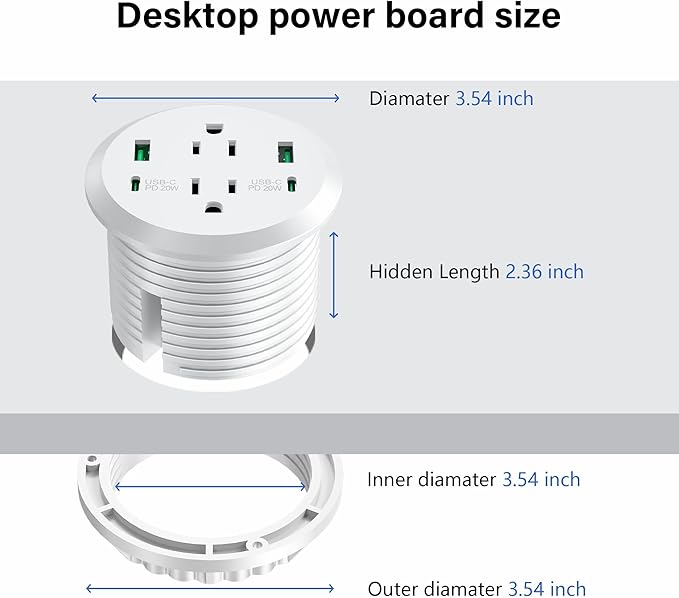Desktop Power Grommet,GaN 65W USB C Fast Charging Station,2 AC Outlets,4 USB Ports in to the Top,Flush Mount Power Grommet 3'' Hole,Countertop Recessed Outlet White