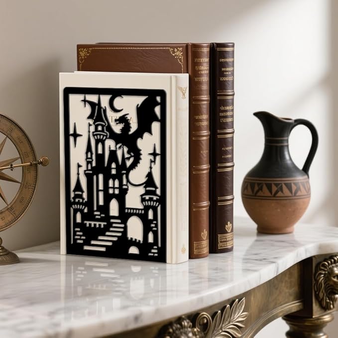 Peacoblue Metal Bookends for Shelves, Modern Decorative Heavy Duty Study Book Ends Stoppers for Office, Desk, Shelf, Room 5.3"x4.3"x7.9" Cast Iron Simple Tall Bookends 1 Pair (Dragon Castle)