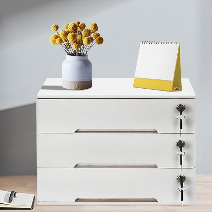 Wooden Desk Organizer with Drawers & Lock, Desktop Countertop Storage Cabinet Lockable Home Office Supplies File Tabletop Organizing Unit (3 Drawers - Modern White)