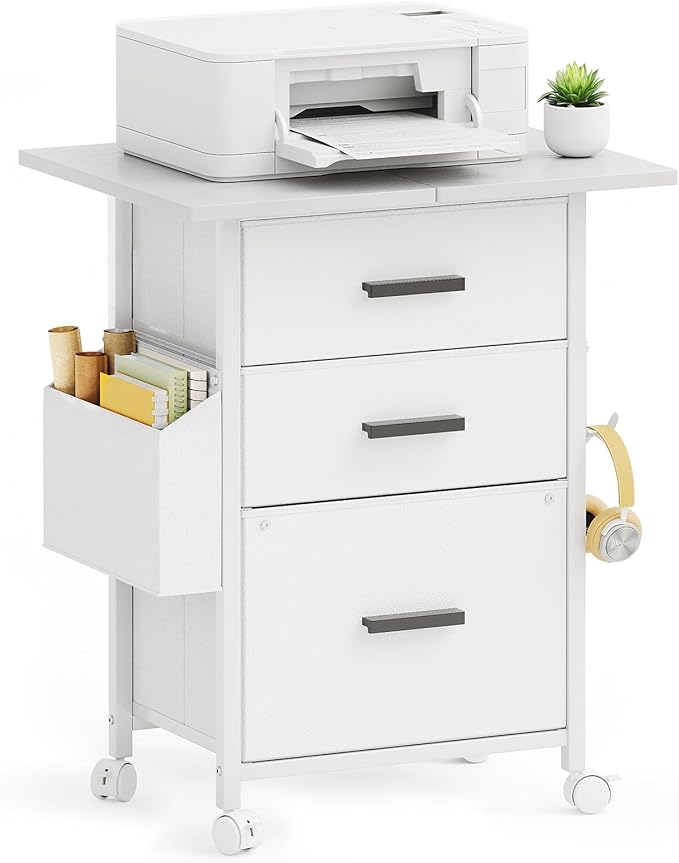 Mexin 3 Drawer File Cabinet with 24'' Extended Desktop, Mobile Filing Cabinet, Printer Stand, Rolling Printer Stand with Side Bag, Fabric Drawer, Fits A4 Size, Home Office, White