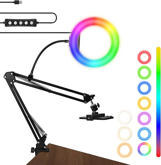 8"" RGB Ring Light with Overhead Camera Mount Overhead Phone Mount with RGB Fill Light for Articulating Arm Phone Mount for YouTube Live Stream Cooking Nail Video Recording