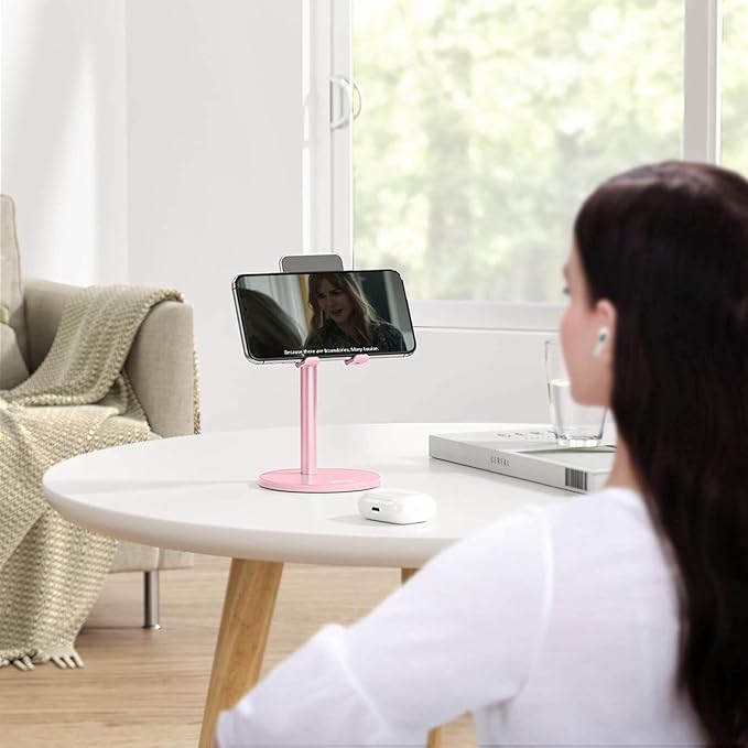 OMOTON Cell Phone Stand, Angle Height Adjustable Phone Stand, Aluminum Desktop Phone Holder Dock Stand for Desk, Compatible with iPhone 13/Mini/Pro/Max, All Smartphones and Tablets(4-11''), Rose Gold