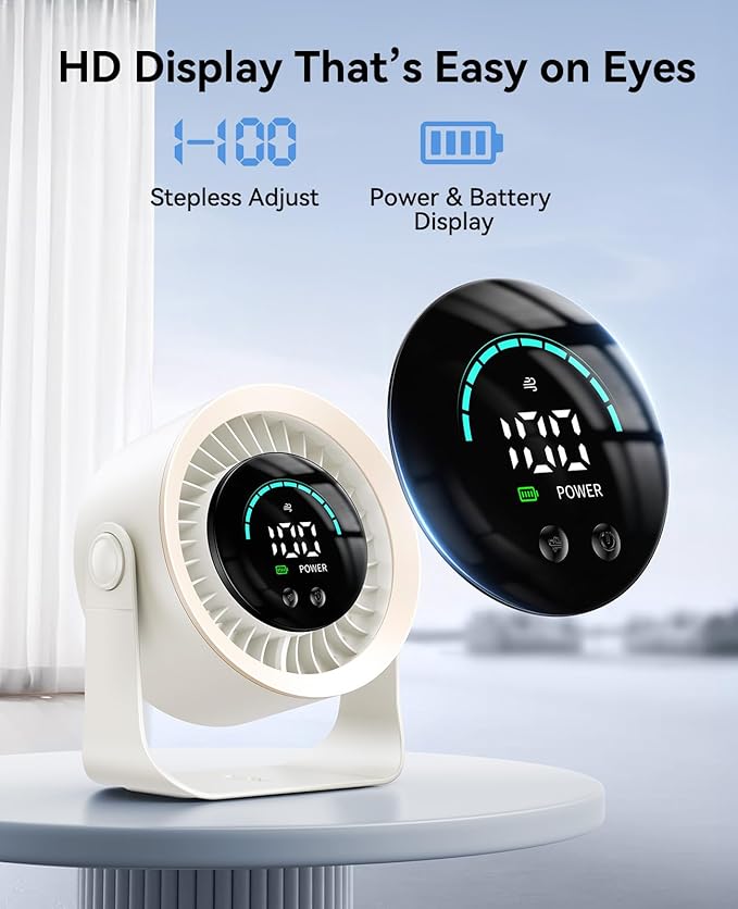 DIGIX Rechargeable USB Desk Fan for Bedroom, 100 Speeds, 360° Rotation, Wall Mounted Design Small Portable Table Fan with LED Display, Quiet Personal Desktop Cooling Fans for Home Office (White)