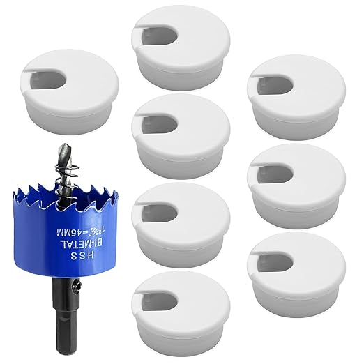 8pcs 1-3/4 Inch Desk Grommet with Drilling Hole Saw, Plastic Desk Hole Cover, White Cable Hole Cover, Desk Hole Grommet for Wire Cord Organizing Office Computer Desk