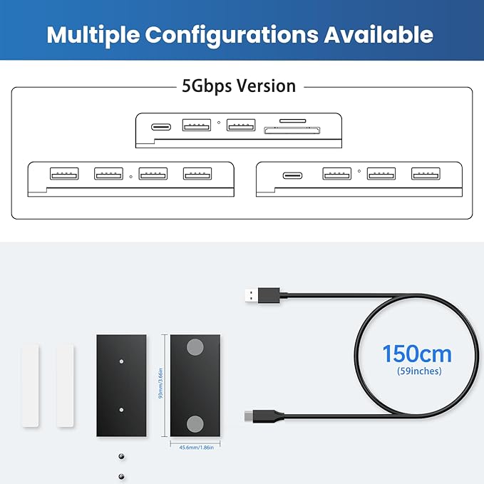 EJAY 4-Port Magnetic USB 3.0 Hub, 5Gbps High-Speed Data Transfer, Includes 2 Packs Sliding Rail, Screws & Sticky Pads for MacBook Laptop PC