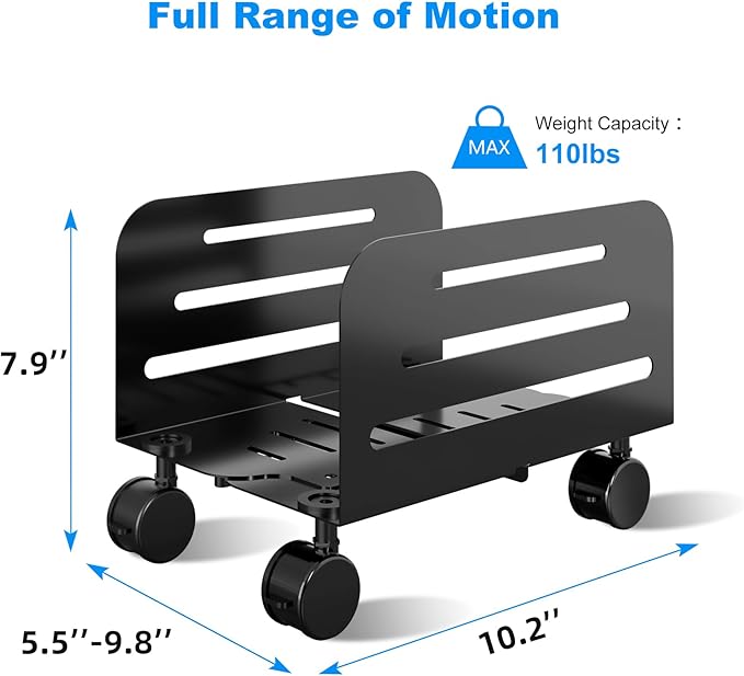 suptek Computer Tower Stand,Mobile CPU Rolling Stand, 5.5 to 9.8 inch Wide Adjustable Mobile Cart Holder with Locking Caster Wheels,Gaming PC Holder,Steel Rolling Cart,Black(ZJJ005)