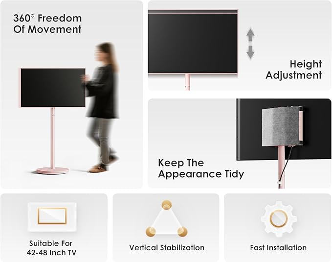 FITUEYES Design Small Rolling TV Cart for 24-48 Inches Television, Minimalist Modern TV Floor Stand on Wheels Fits Max VESA 200x200mm, V2 Portable Smart Television Stands, Pink, Master Series