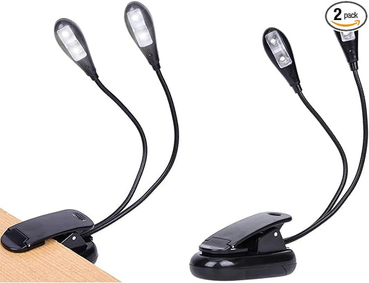 2 Pack Music Stand Light, Clip on Piano Light, USB and AAA Battery Operated, Eye Caring LED Book Lights, 2 Arm x 2 Brightness Levels, Ideal for Piano, Sheet Music, Orchestra, Guitar